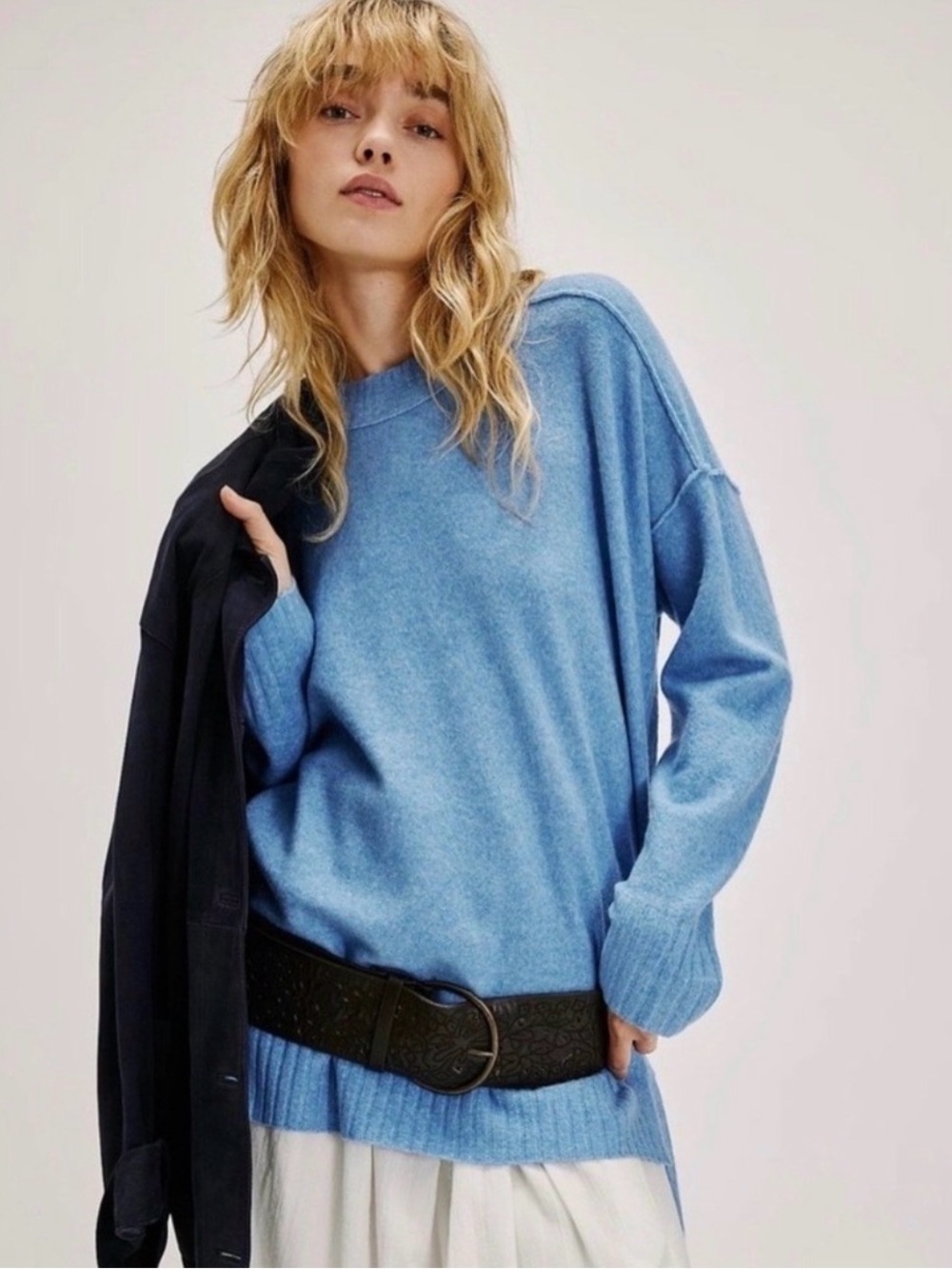 Free People Blue Oversized Crewneck Sweater